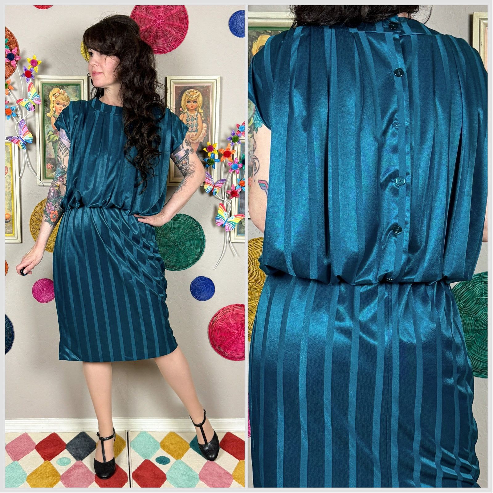 Vintage 1970s Dark Teal Striped Sleeveless Blouson Disco Dress Size M / US 6-8 / IT 42-44 - 1 Thumbnail