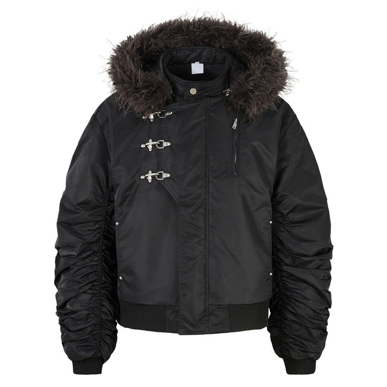 Japanese Brand Black Ruched Sleeve Bomber Jacket with Faux Fur Hood Size US M / EU 48-50 / 2 - 2 Thumbnail
