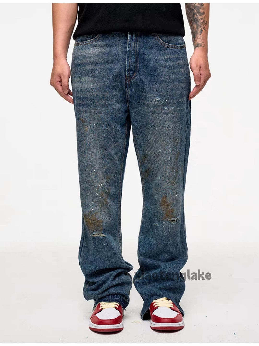 Jean Unisex washed faded loose baggy ripped damaged jeans Size US 36 / EU 52 - 4 Thumbnail