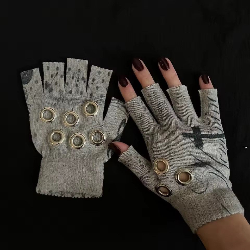 Other Punk Gothic Skull Y2k Printed Cross Gloves Size ONE SIZE - 3 Thumbnail
