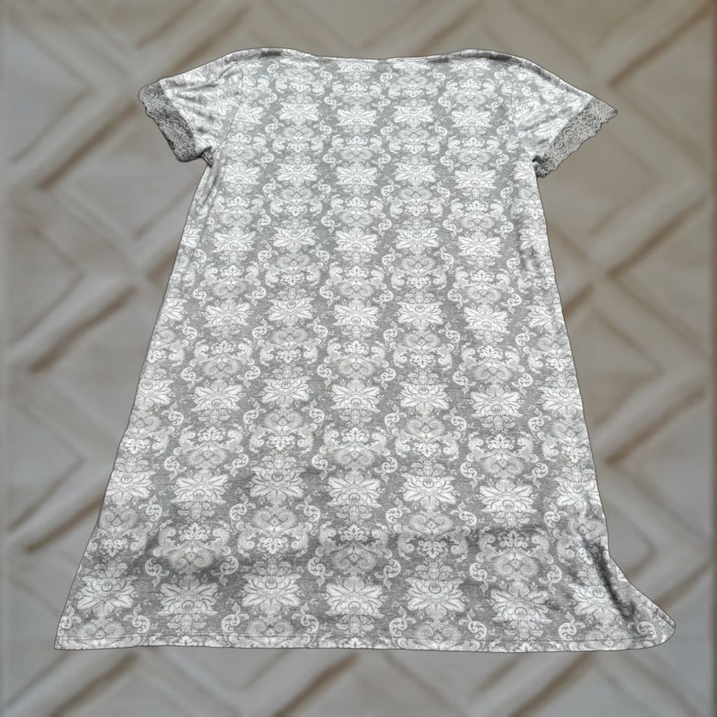 Vintage Tahari Damask Lace T-Shirt Dress Womens Large Gray White Short Sleeve Casual Dress Size L / US 10 / IT 46 - 1 Thumbnail