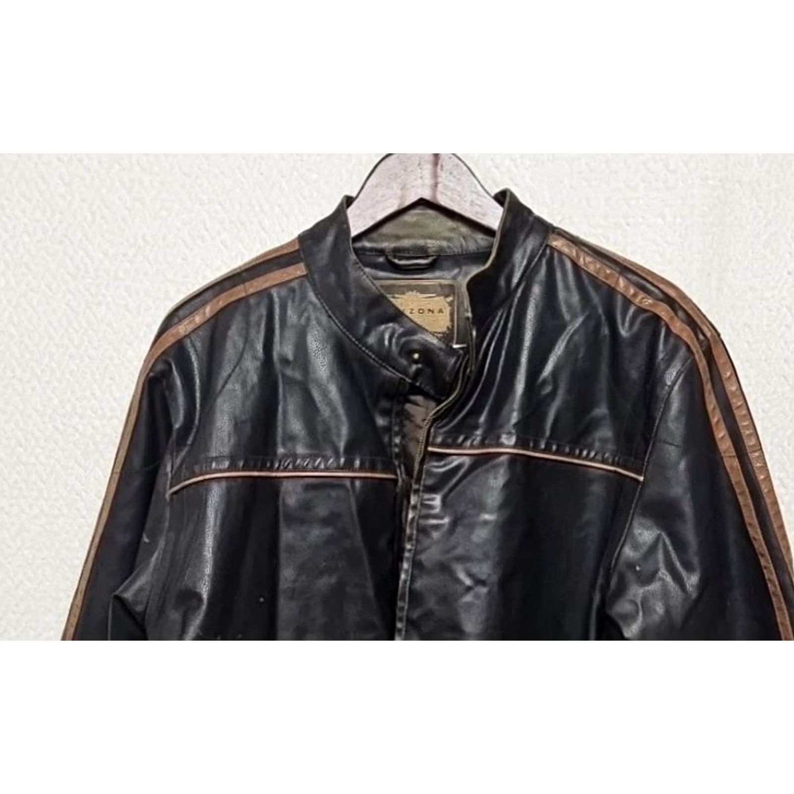 Vintage Arizona Jean Co Men’s Leather Jacket Motorcycle Jacket Striped Brown Leather Zip Pockets Size L Size US 33 - 2 Thumbnail