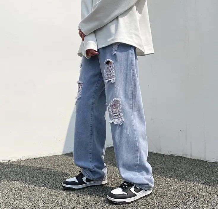 image of Distressed Denim Blue Color Ripped Straight Loose Denim Pant, Men's (Size 31)