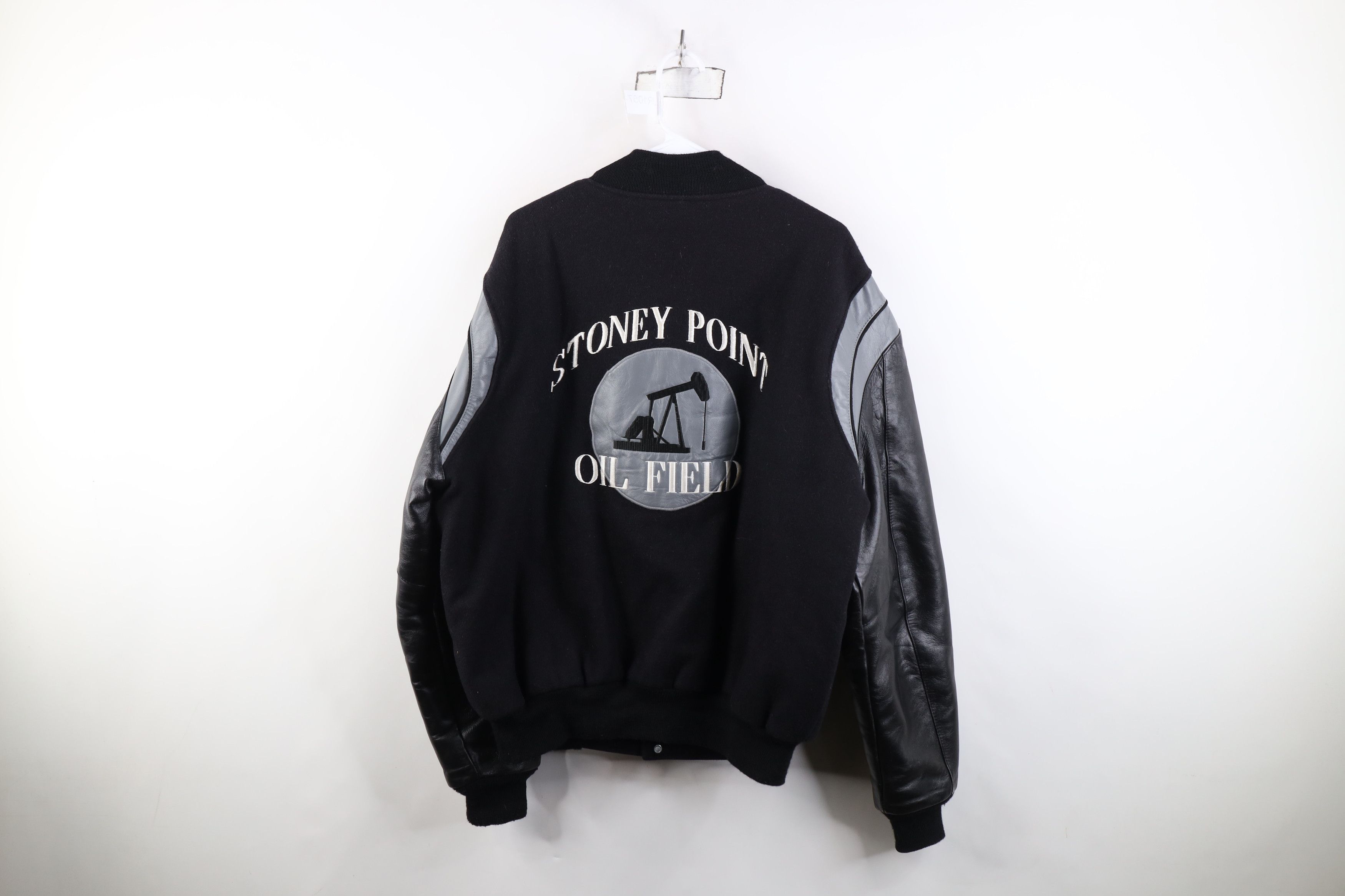 Vintage Vintage 90s Streetwear Oil Field Wool Leather Varsity Jacket Size US XL / EU 56 / 4 - 14 Thumbnail