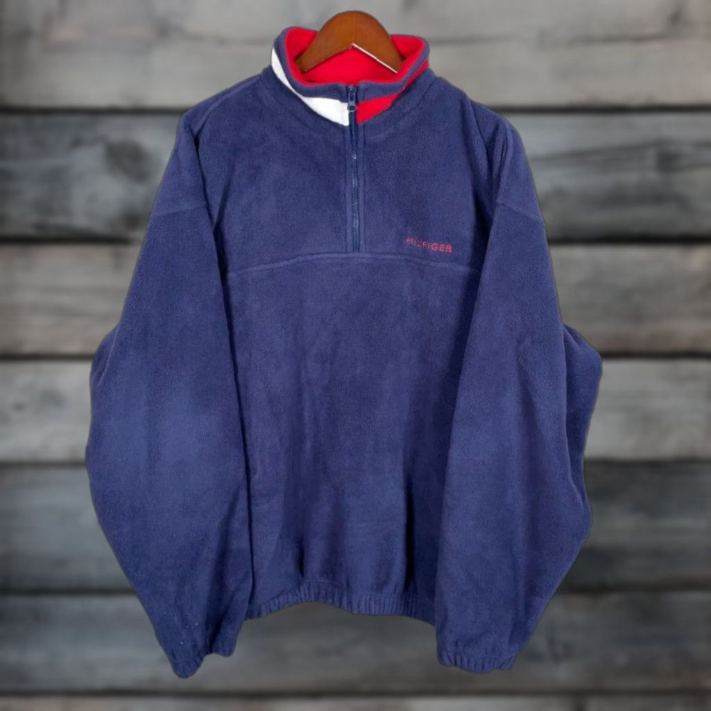 Tommy Hilfiger VINTAGE Tommy Hilfiger Jacket 1/4 Zip Fleece Pullover Adult Large Dark Blue Heavy Embroidered 90s Mens Size US L / EU 52-54 / 3 - 1 Thumbnail