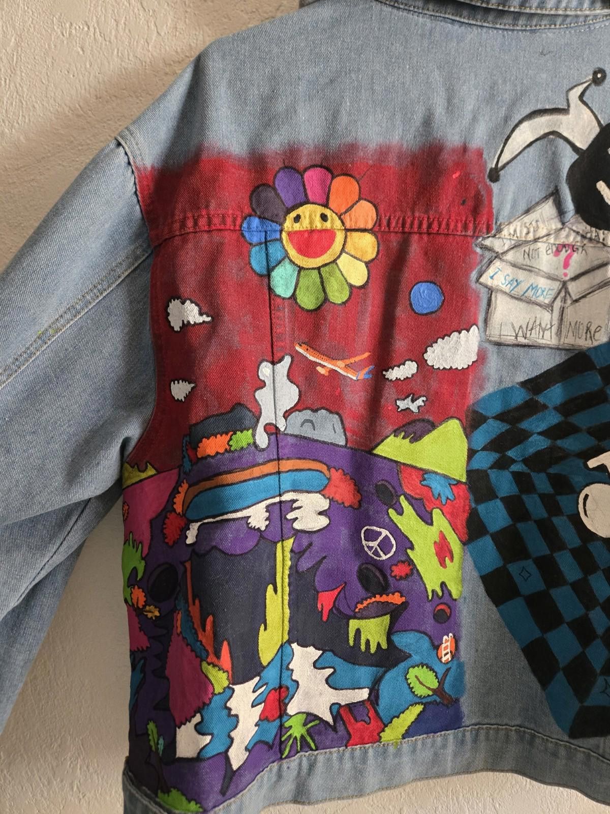 The Unbranded Brand Hand Painted Denim Jacket Takashi Murakami Flower 2XL Hoodie Size XXL / US 16-18 / IT 52-54 - 2 Thumbnail