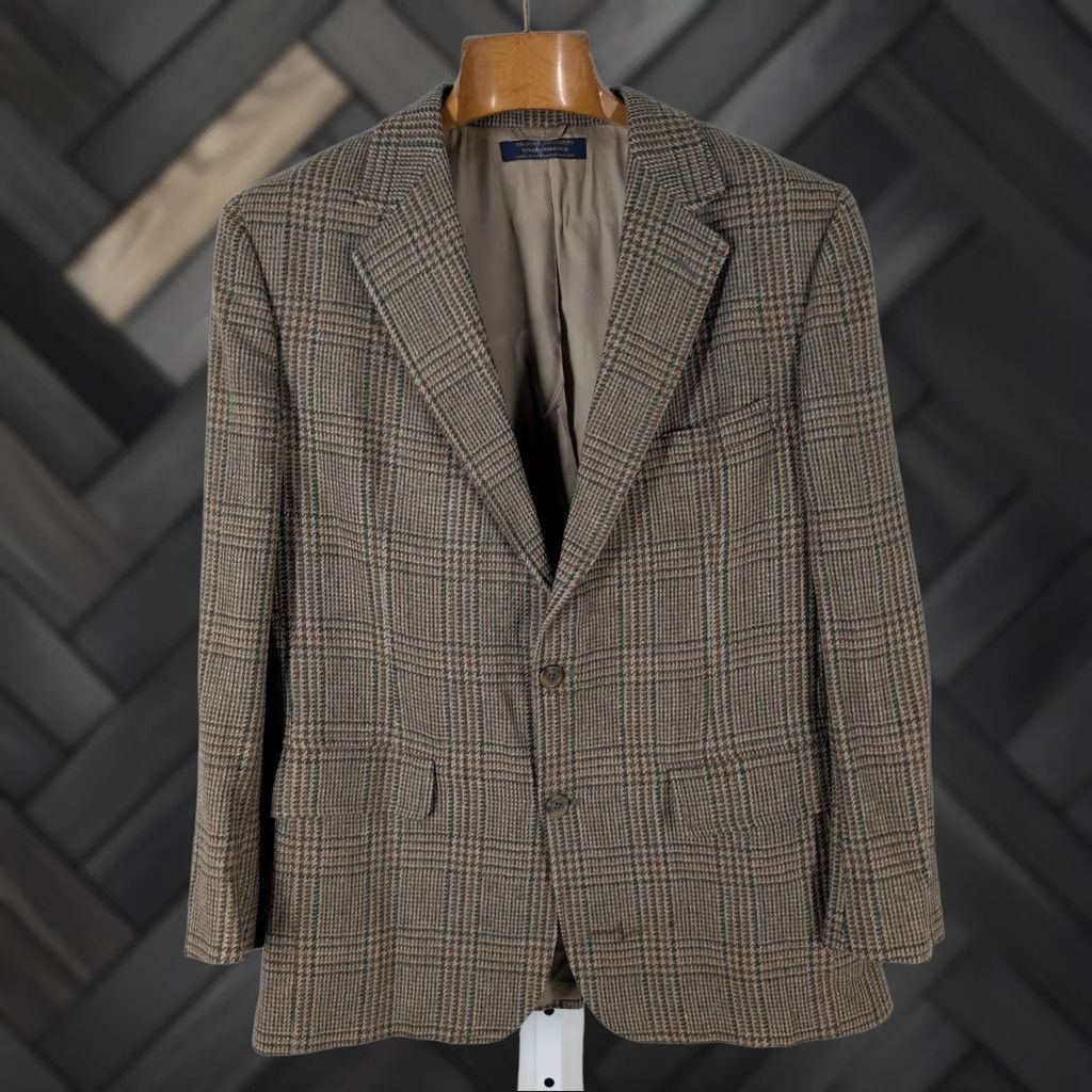Brooks Brothers VINTAGE Brooks Brothers Blazer Jacket 42 USA Wool Tweed Houndstooth Plaid Three-Button Two-Button Sport Mens Brown Size 42R - 1 Thumbnail