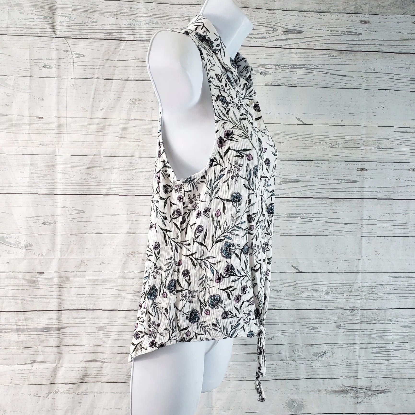 Vintage Peace & Pearls Womens Button-Up Top Small White Purple Floral Sleeveless Front Tie Size S / US 4 / IT 40 - 3 Thumbnail