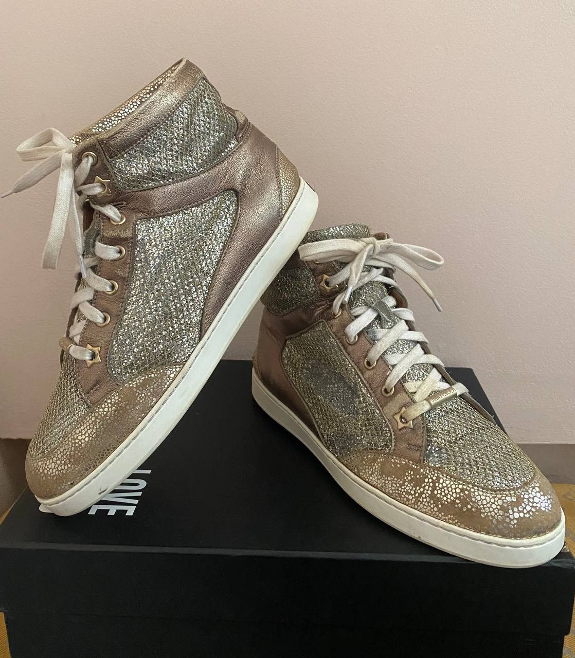 Jimmy Choo Metallic Gold Leather And Glitter Miami High Top