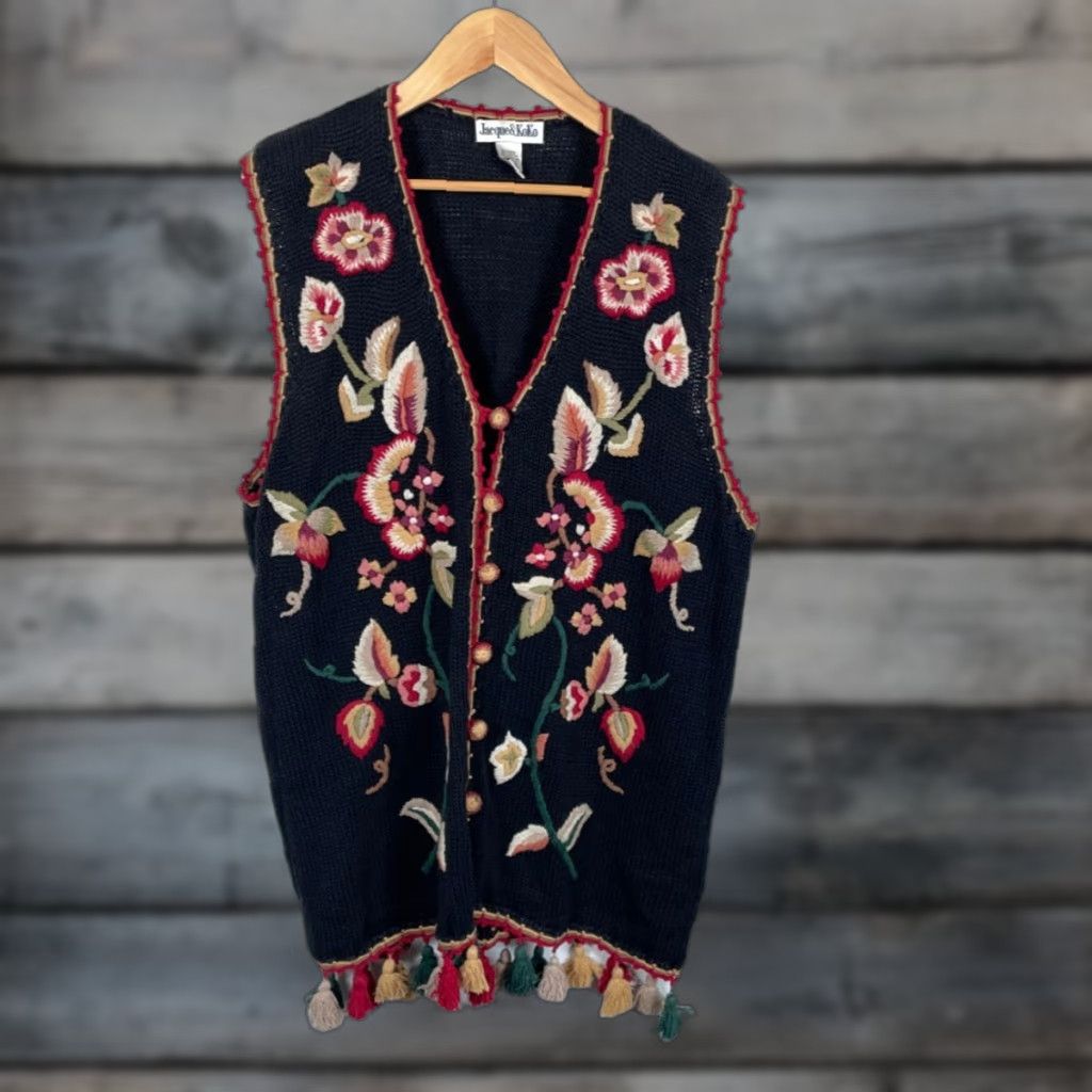 Vintage VINTAGE Jacque & Koko Floral Embroidered Sweater Vest Women's 18 / 20 Black Tassel Fringe Chunky Knit Shirt Womens Plus 90s Flower Retro Knitted Vest Size XXL / US 16-18 / IT 52-54 - 1 Thumbnail