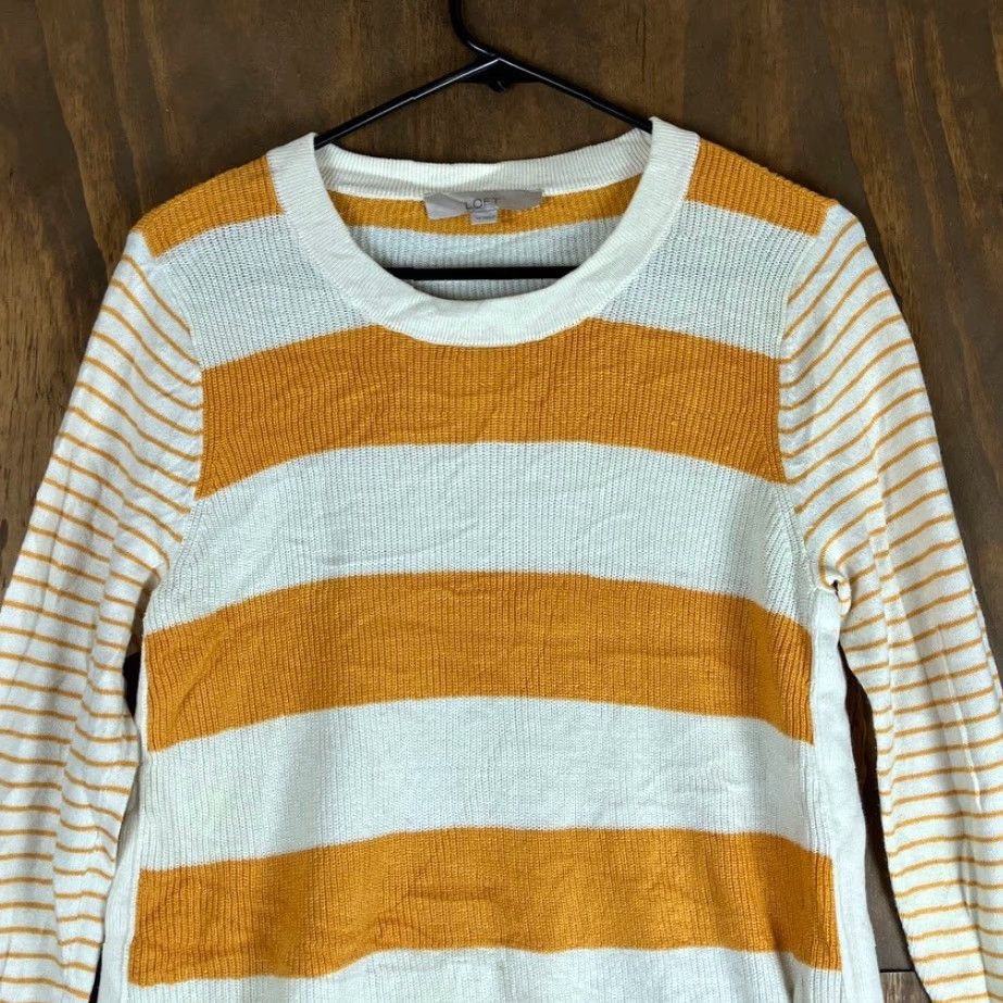 Loft LOFT Womens Sweater White Yellow Striped Crew Neck Long Sleeve Medium Size M / US 6-8 / IT 42-44 - 2 Thumbnail