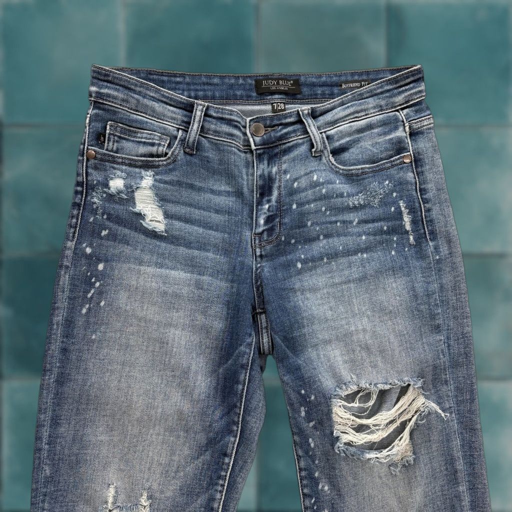 Denime Judy Blue Jeans Womens 28 Boyfriend Distressed Light Blue Denim 5-Pocket Stretch Mid Rise Relaxed Zip Closure Casual 90s Size 28" / US 6 / IT 42 - 1 Thumbnail