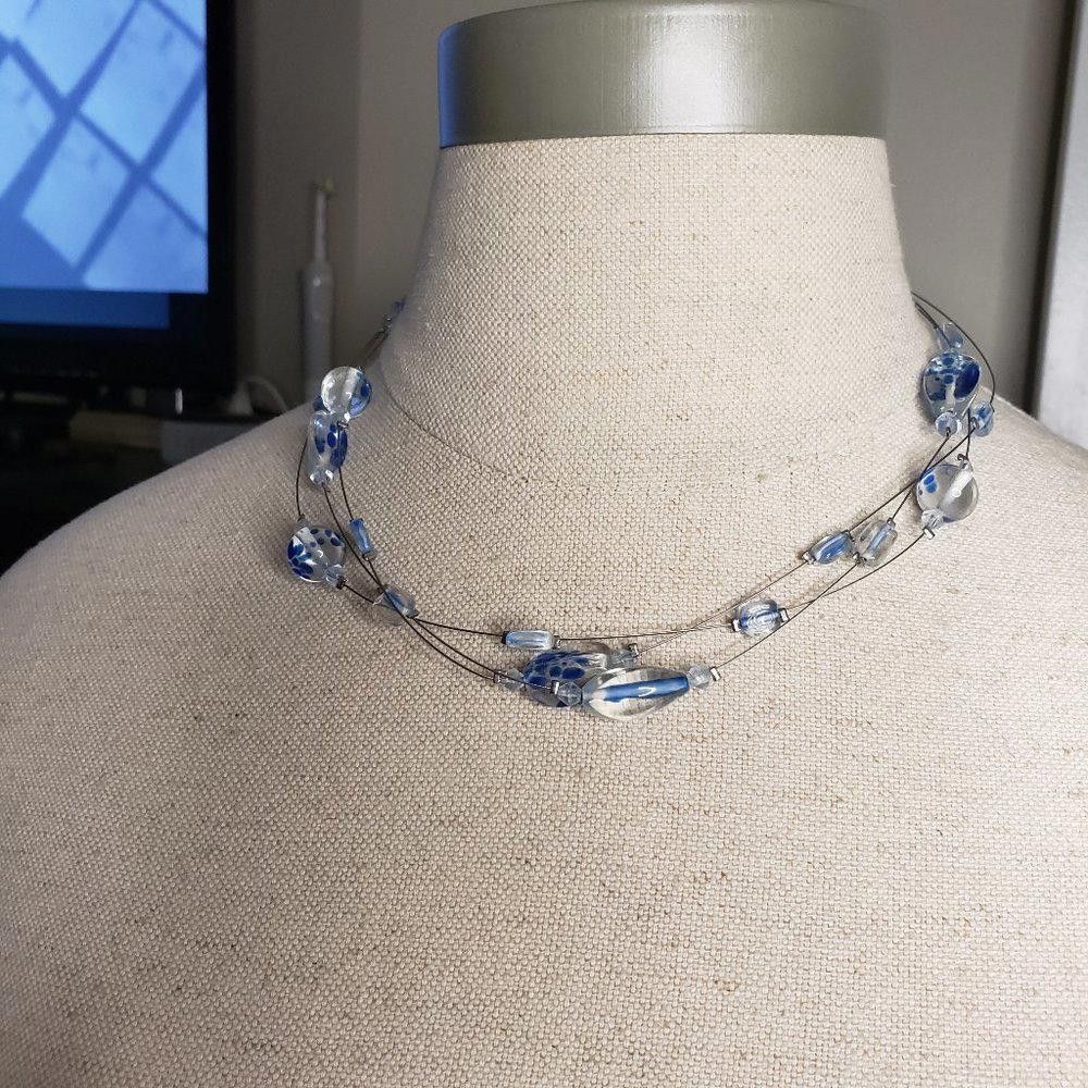 Designer Blue & White Beaded Wired Necklace 16" adjustable Size ONE SIZE - 1 Thumbnail