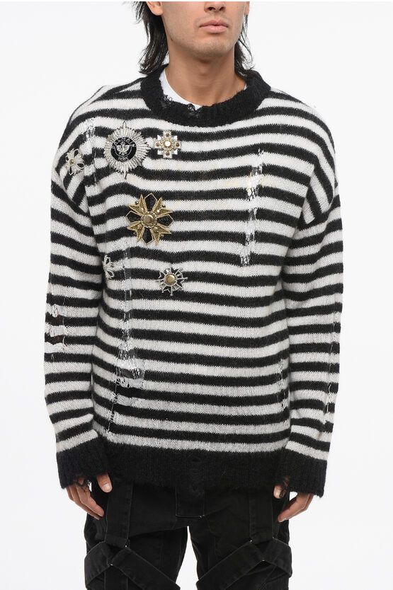 Striped Vintage Effect Crew-neck Sweater with Decorative Pat