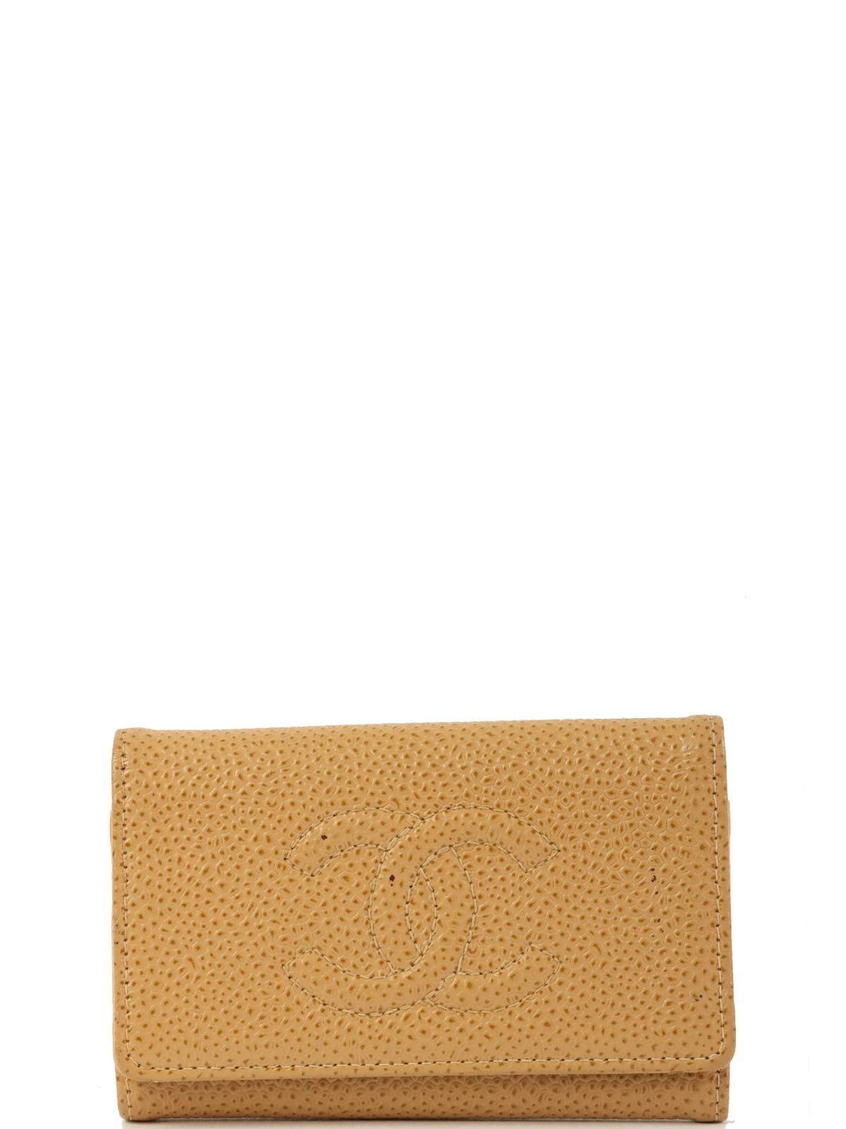 image of Chanel Around 2003 Made Caviar Skin Cc Mark Stitch Key Case Beige in White, Women's