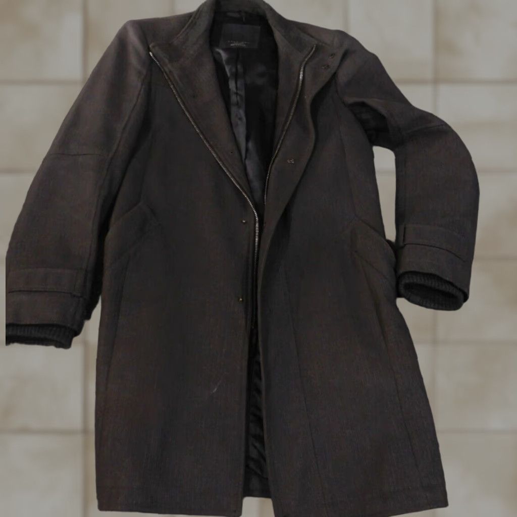 Zara Zara Jacket Mens Medium Gray Trench Coat Wool Wool Geometric Knit Zipper Pockets Button Zip Business Fall Winter Mens Regular Size US M / EU 48-50 / 2 - 1 Thumbnail