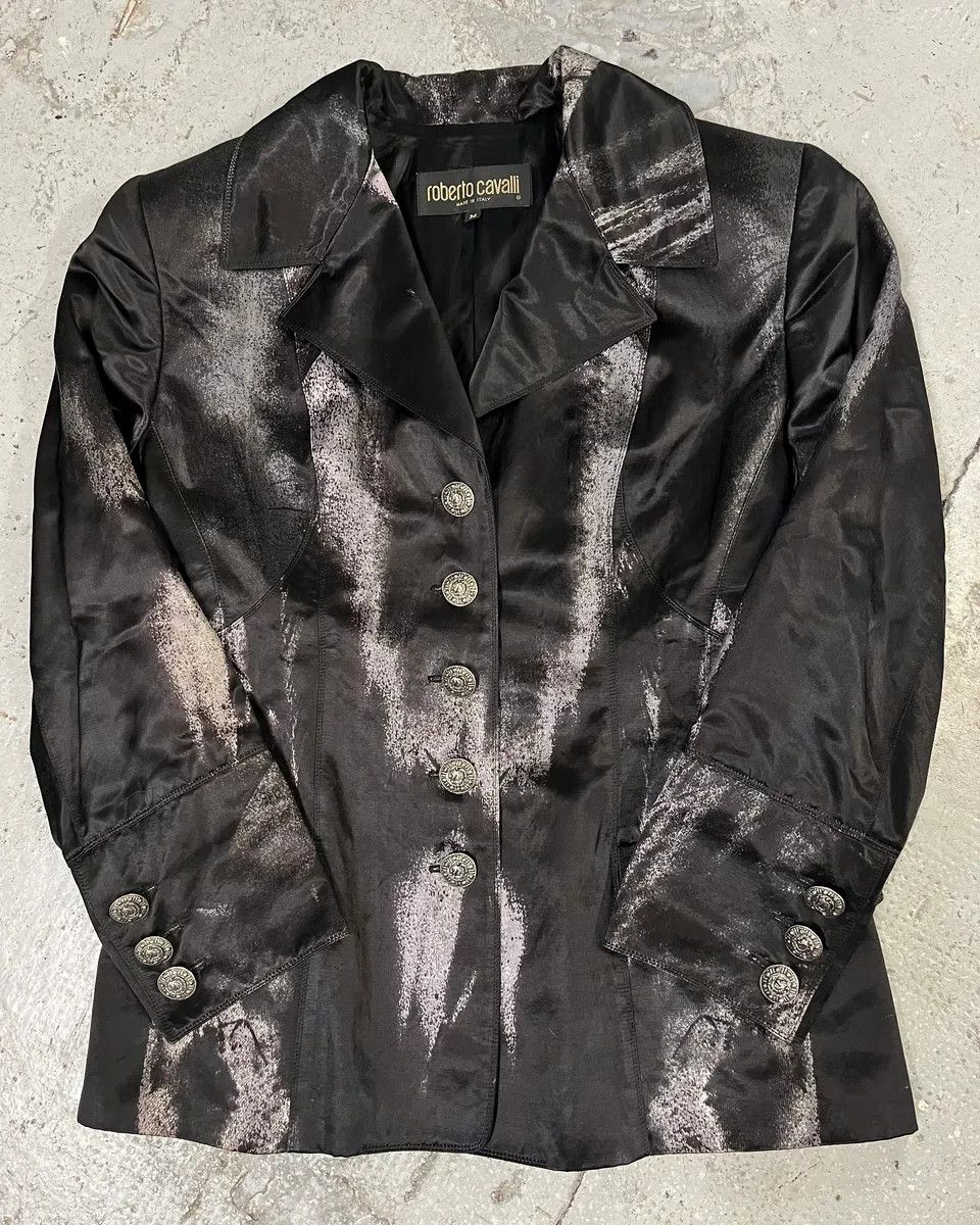 2000s Roberto Cavalli Silver Paint Black Blazer