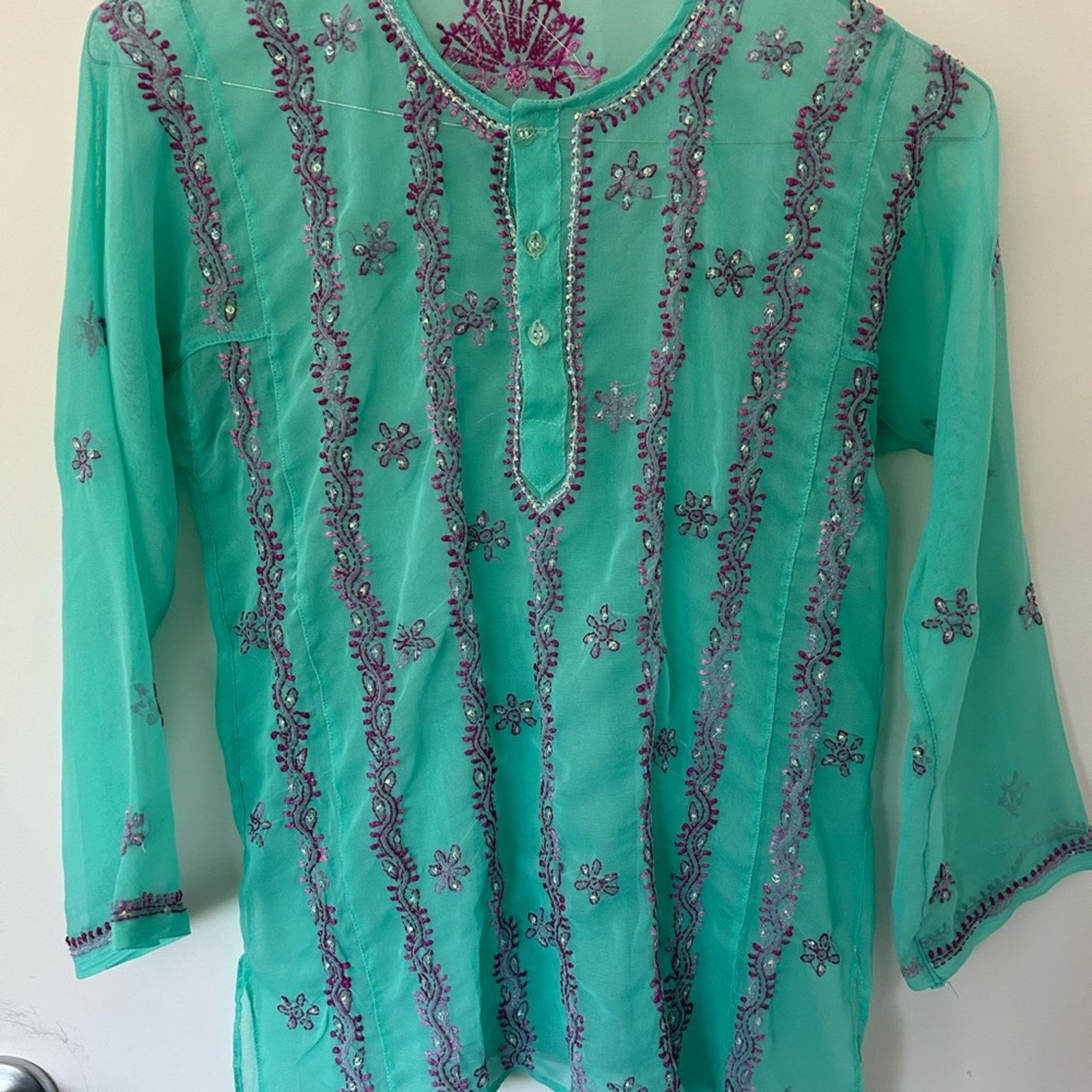 & Other Stories Turquoise with purple embroidery women’s indian kurta Tunic Size M / US 6-8 / IT 42-44 - 3 Thumbnail