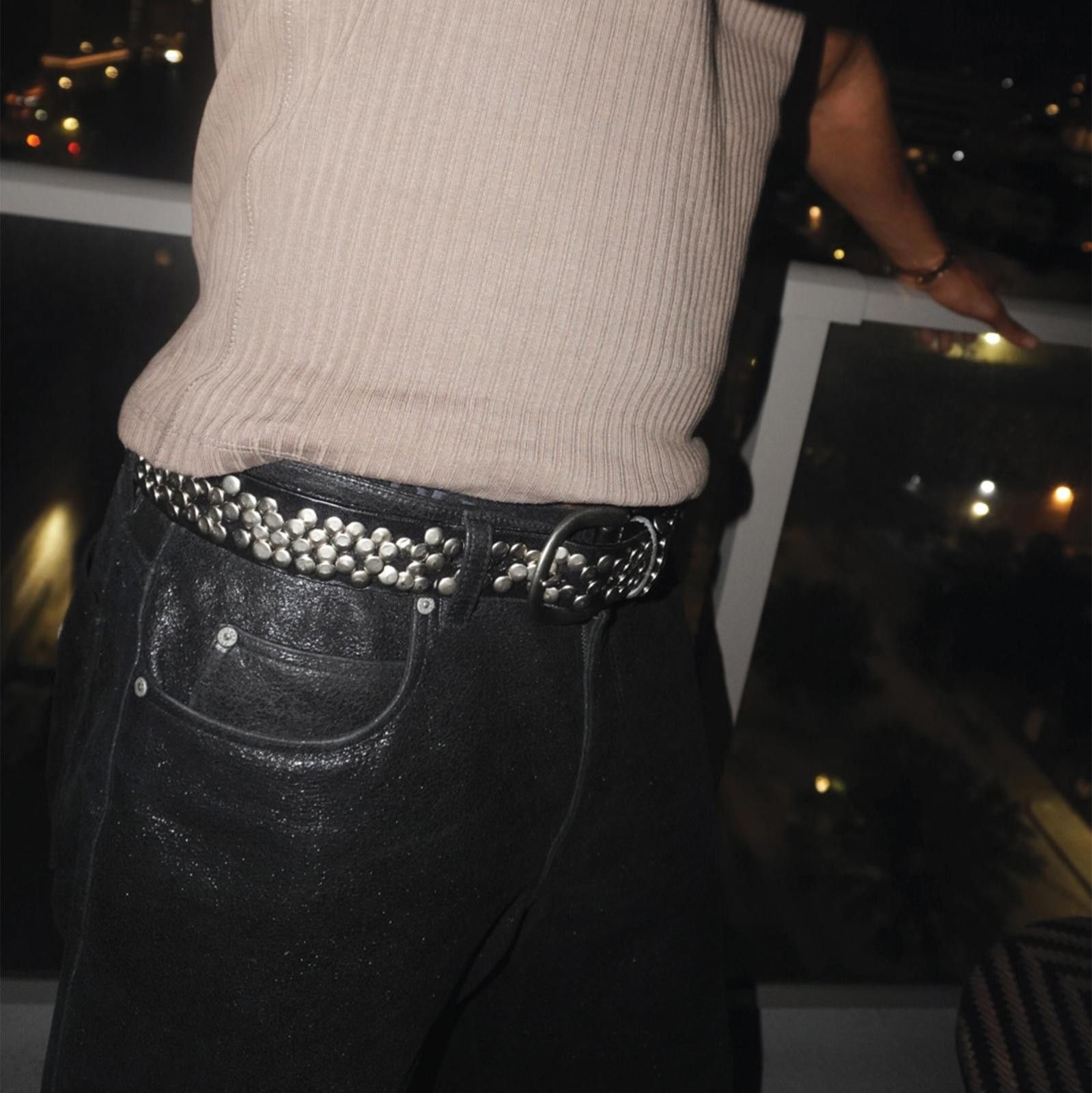 Japanese Brand Black Studded Leather Belt, Silver Round Stud Belt Size ONE SIZE - 2 Thumbnail