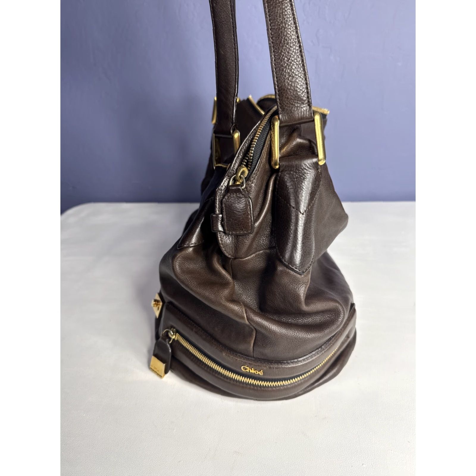 Vintage Chole Shoulder Bag Brown Leather Calfskin Cary Zipped Purse Gold Accents Women Medium? Size ONE SIZE - 3 Thumbnail