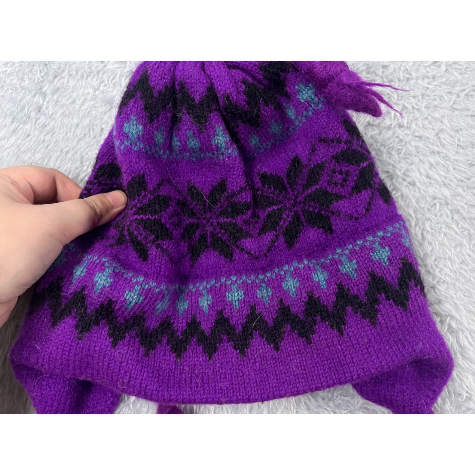 Vintage VINTAGE Original Moriarty Hat Beanie Toque Adult OS Purple Fair Isle Ear Flaps Wool Tassel Size ONE SIZE - 3 Thumbnail