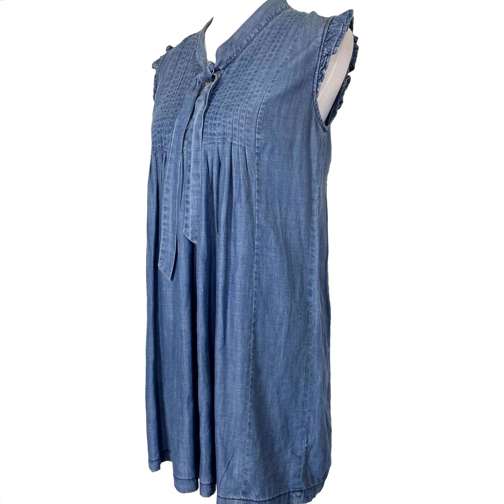 Vintage VINTAGE Current Air Dress Denim Chambray Blue Shift Pintuck Pleats Neck Tie Ruffles XS Womens Size XS / US 0-2 / IT 36-38 - 4 Thumbnail
