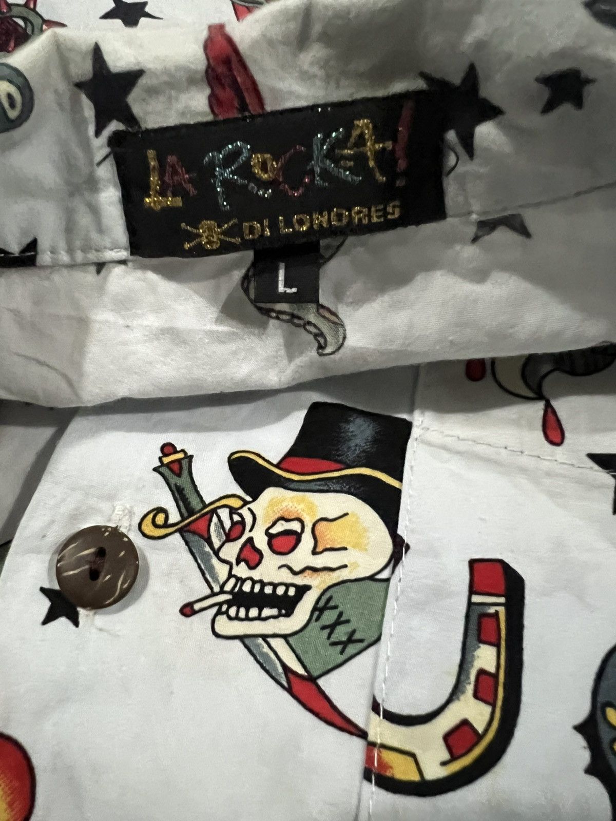 A.F.F.A. Vintage LA ROCKA! Tattoo Print Open Collar SS Button Shirt Size US L / EU 52-54 / 3 - 7 Thumbnail