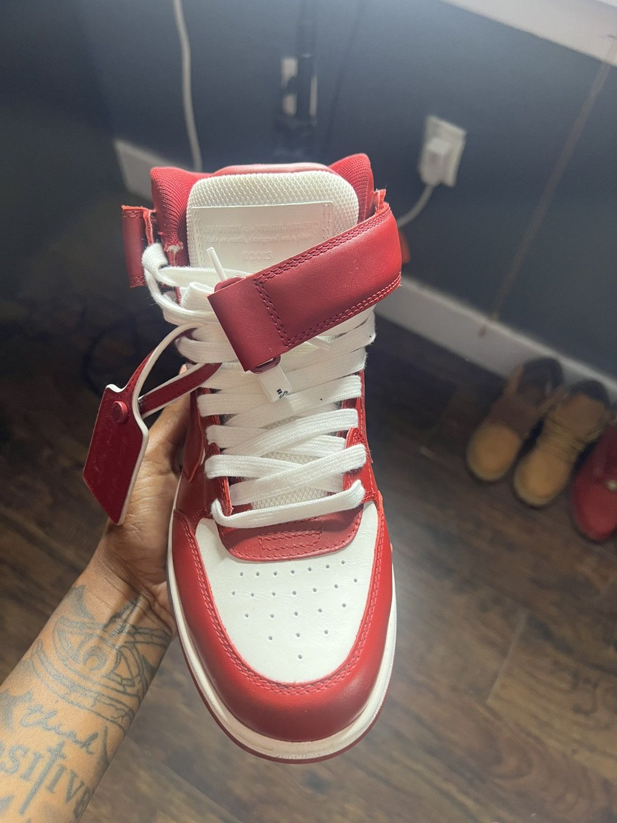 Red and white out of office OFF- white hi top sneaker