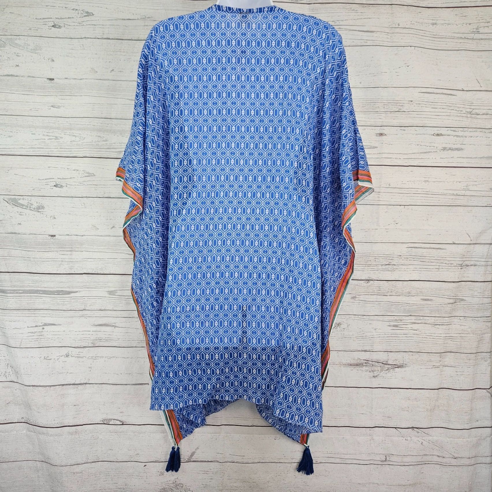 Vintage **Blue One Size Women's Raj Coverup Cotton** User: Blue One Size Women's Raj Coverup Cotton White Tie Front Tassels Cotton Size ONE SIZE - 3 Thumbnail