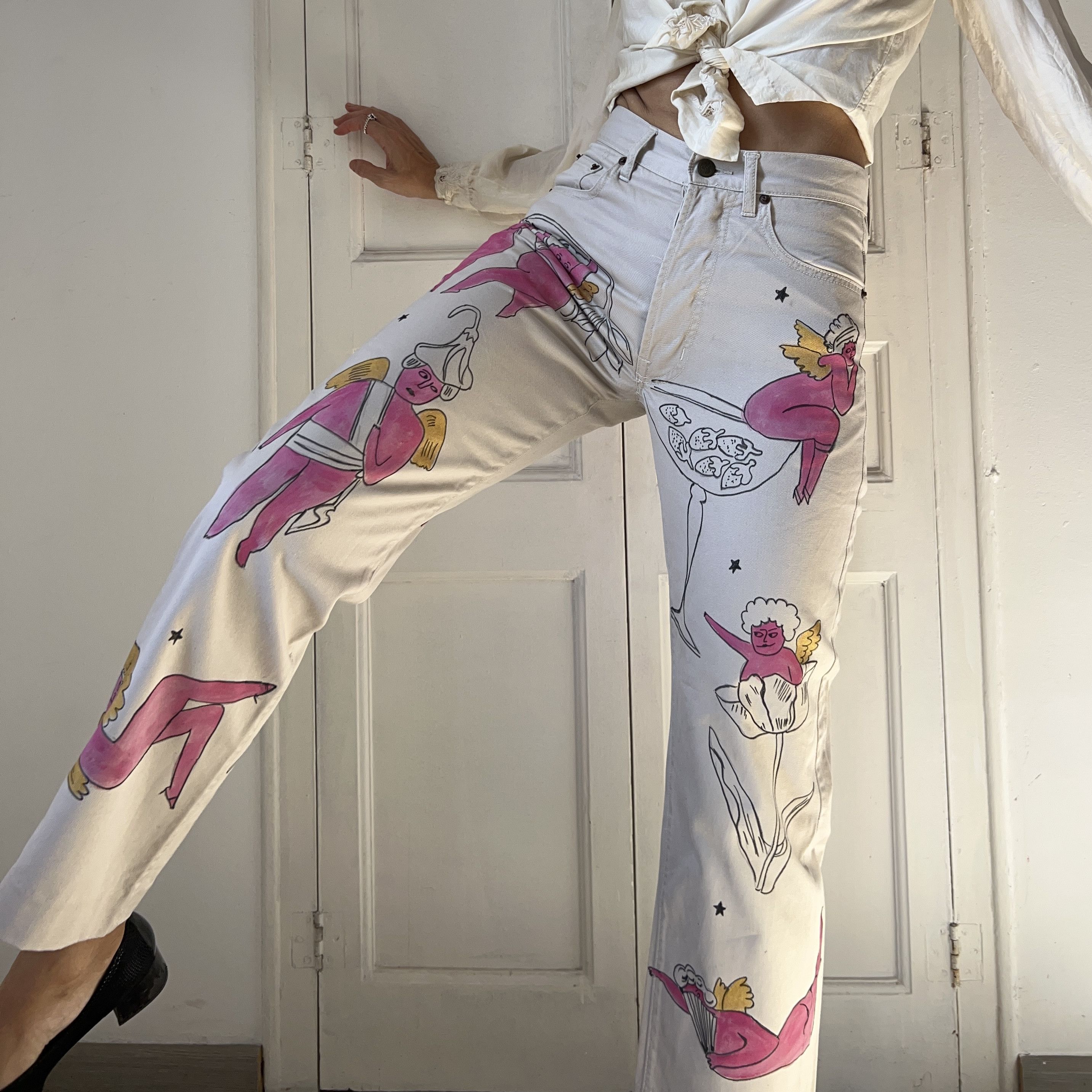 Custommade Hand-Painted Angels Cotton Trousers Size 30" / US 8 / IT 44 - 9 Thumbnail