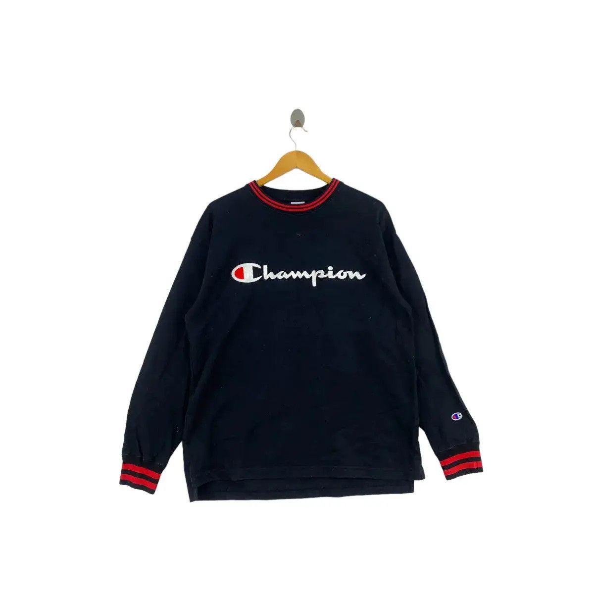Vintage CHAMPION USA Script Big Brand Print Black Sweatshirt