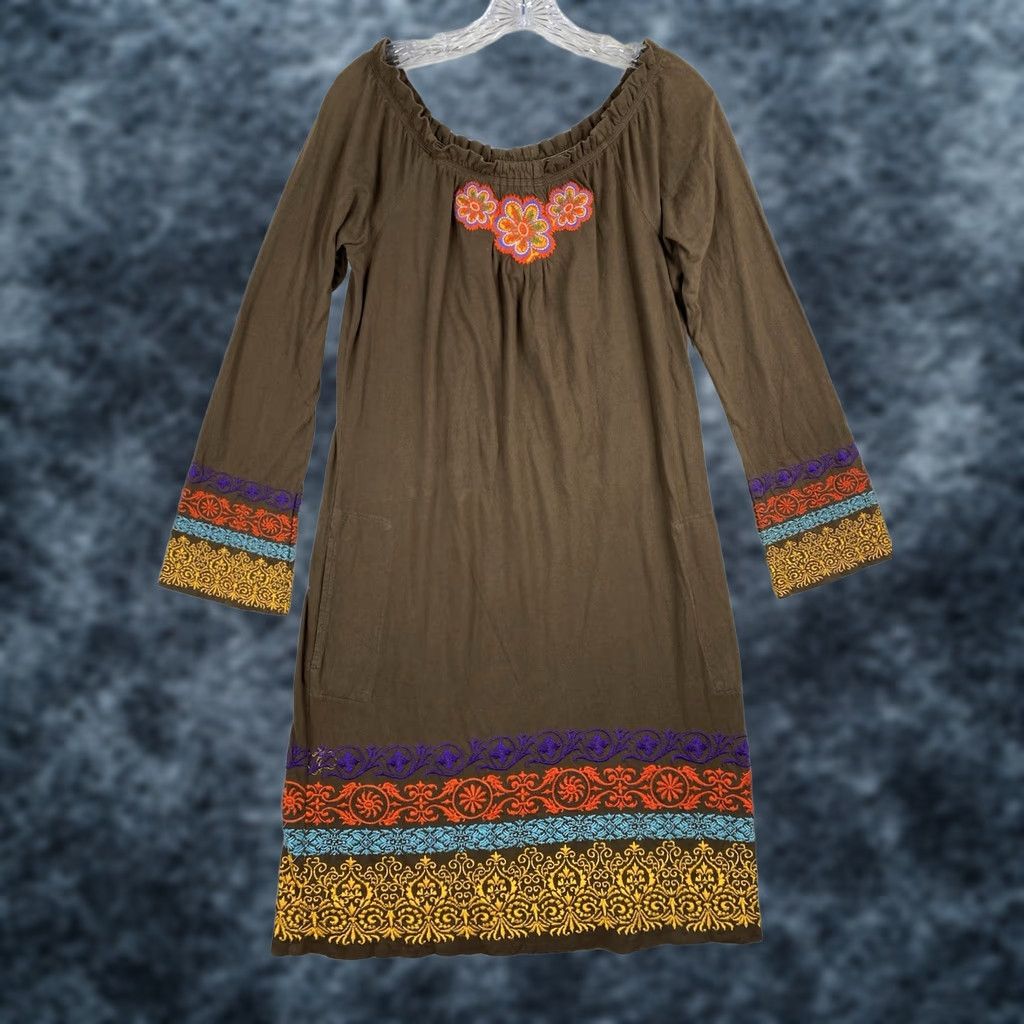 Johnny Was Johnny Was Dress Womens S Brown Cotton Floral Boho Embroidered Off Shoulder Shirt Dress Size S / US 4 / IT 40 - 1 Thumbnail