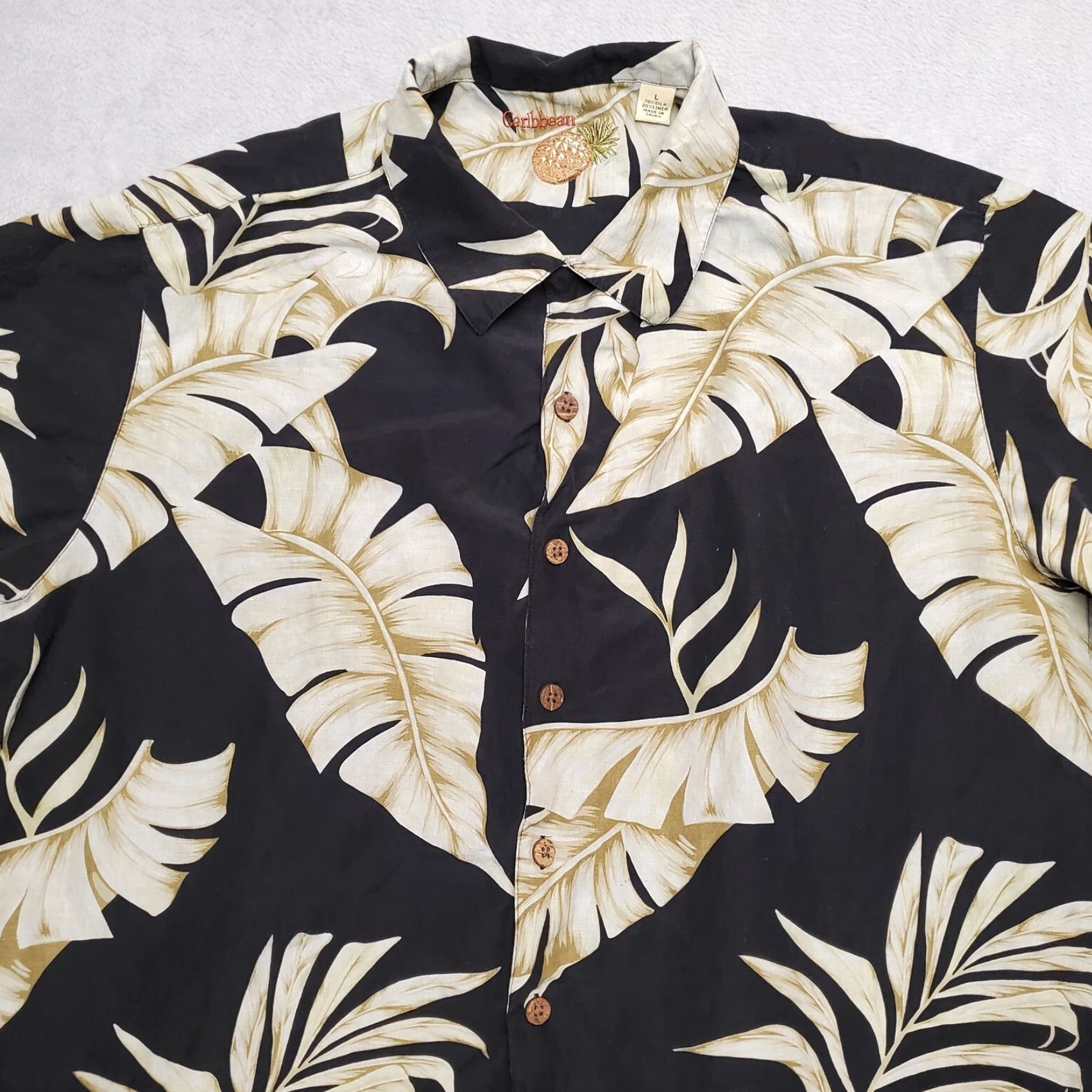 Vintage Caribbean Shirt Men L Black Floral Hawaiian Washable Silk Linen Blend Casual Shirt Size US L / EU 52-54 / 3 - 2 Thumbnail