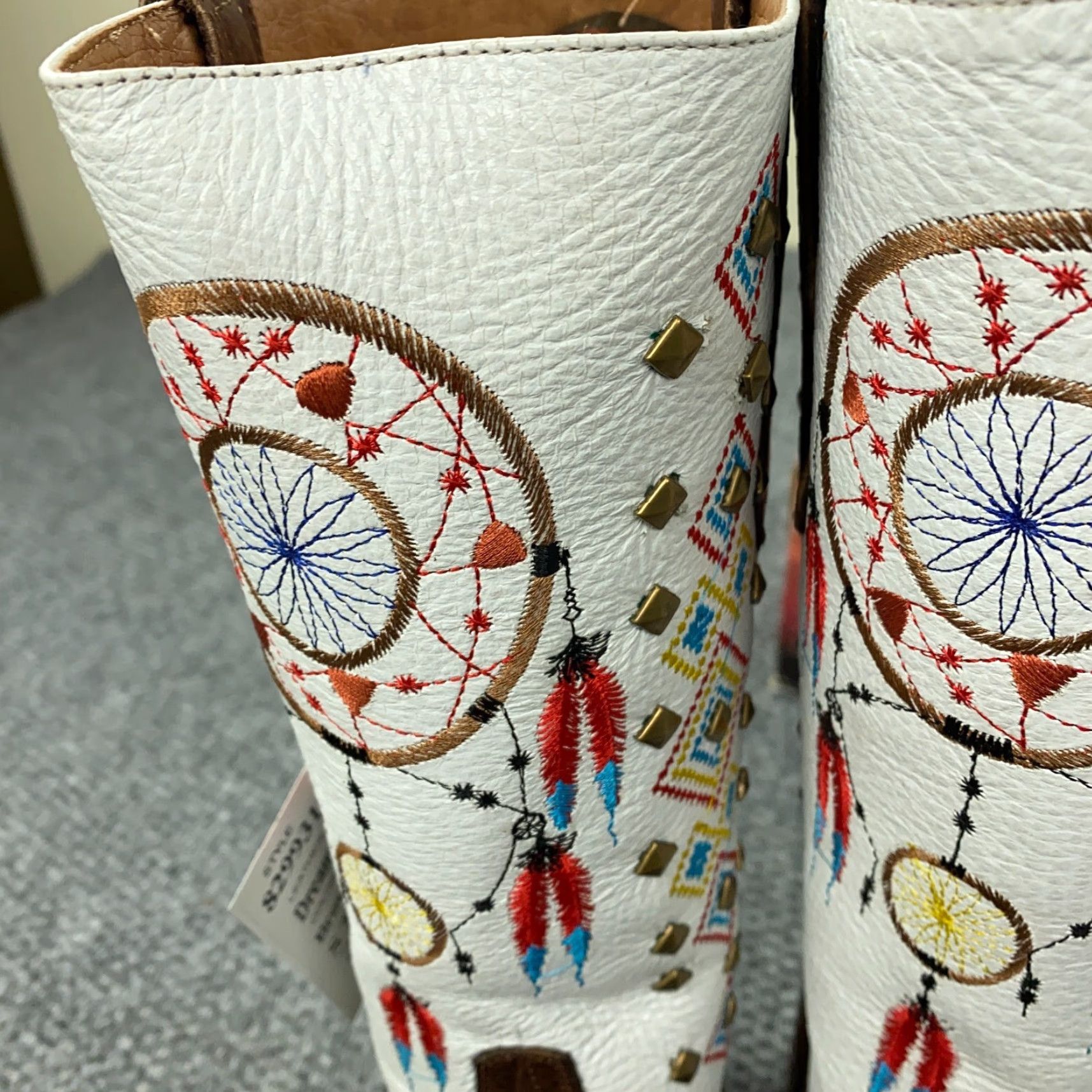 Vintage Ferrini Boots Women's Size 9.5 White Brown Dream Catcher Cowgirl Studded Leather Size US 9.5 / IT 39.5 - 5 Thumbnail
