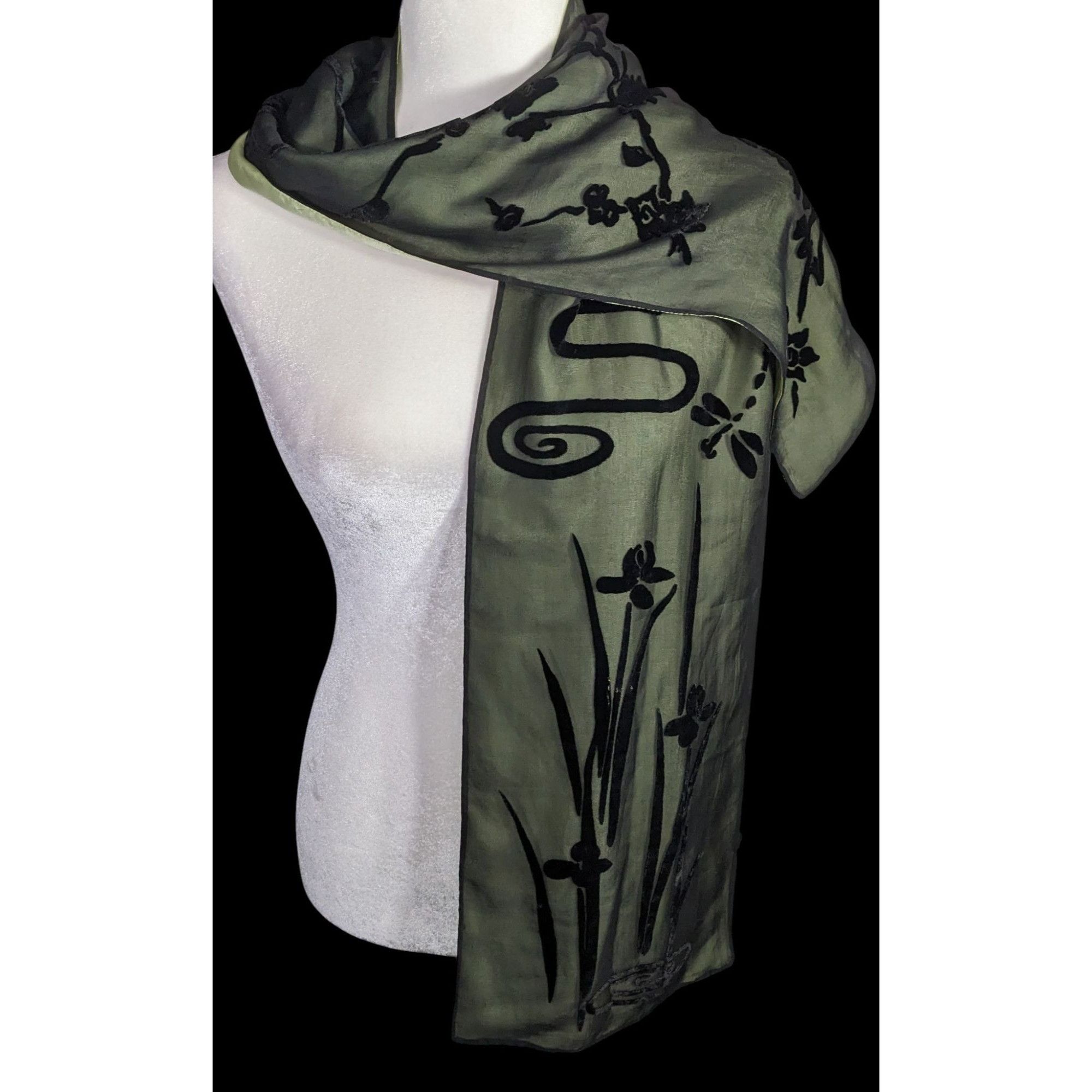 Other Vintage 90s Gothic Burnt Velvet Floral Scarf Green & Black D Size ONE SIZE - 2 Thumbnail