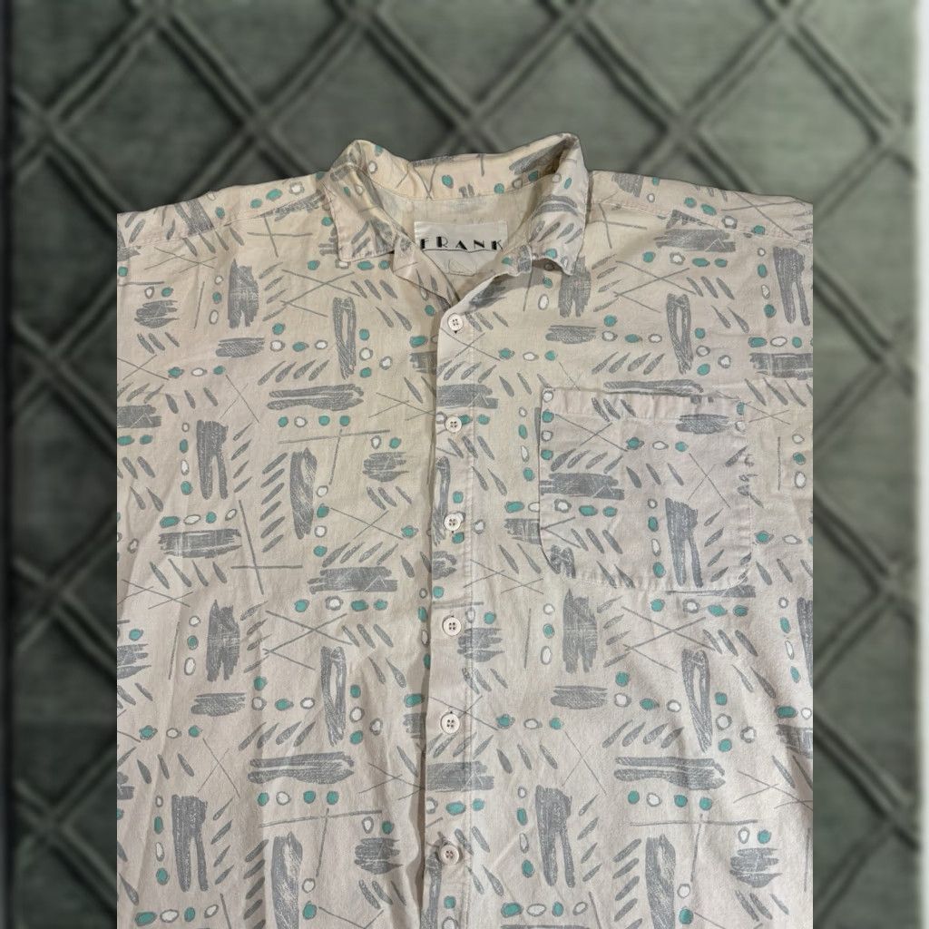 Vintage VINTAGE Geometric White Grey Teal Button-Up Shirt M Frank Regular Unisex Adults Short Sleeve White M 1980s Button-Up Shirt Size US M / EU 48-50 / 2 - 1 Thumbnail