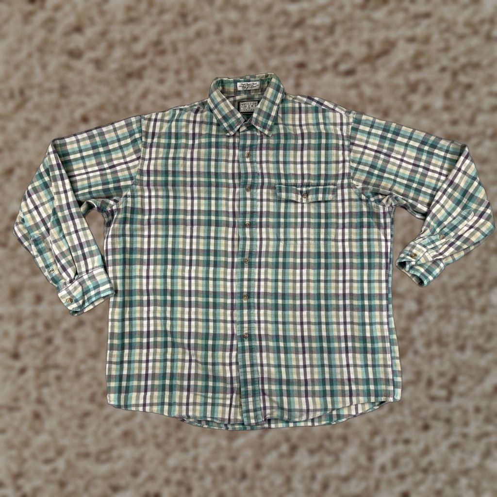 Vintage Windsor Shirt Mens Large Green White Plaid 100% Cotton Flannel Button Up Size US L / EU 52-54 / 3 - 1 Thumbnail