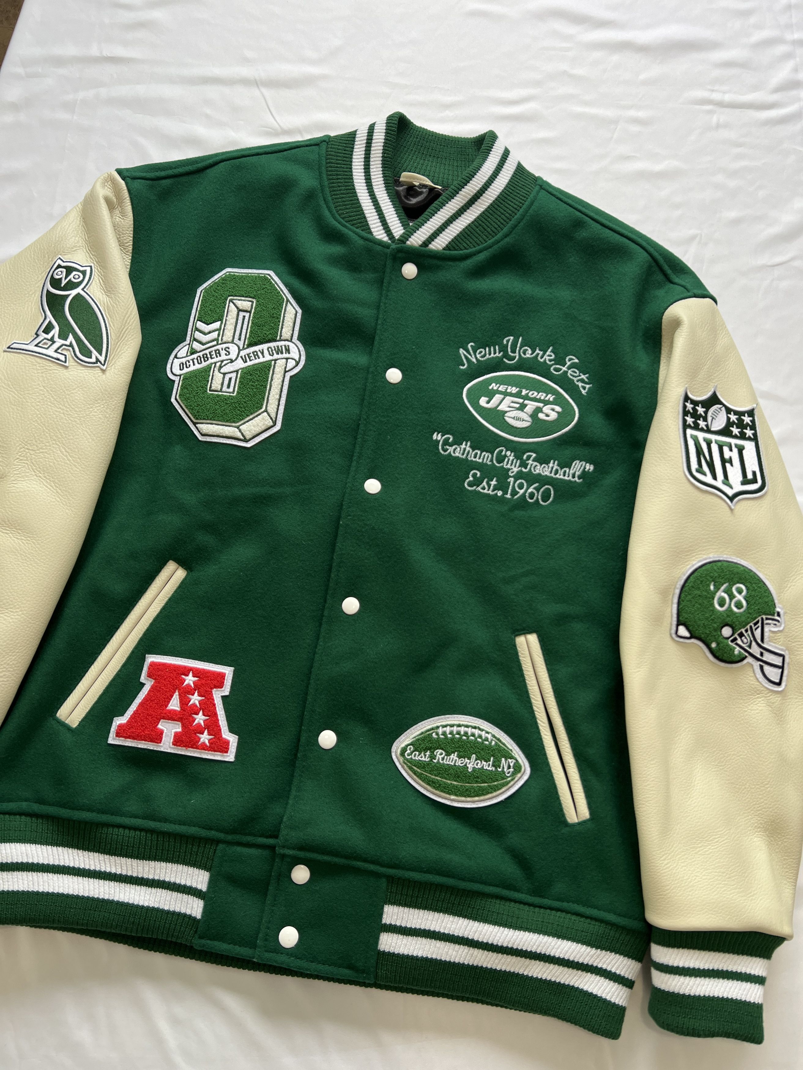 Drake OVO x NFL NEW YORK JETS OG VARSITY JACKET Size US XL / EU 56 / 4 - 2 Thumbnail