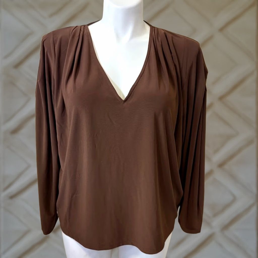 Express Express Blouse Shirt Womens XL Brown V-Neck Long Sleeve Pleated Shoulder Top Size XL / US 12-14 / IT 48-50 - 1 Thumbnail