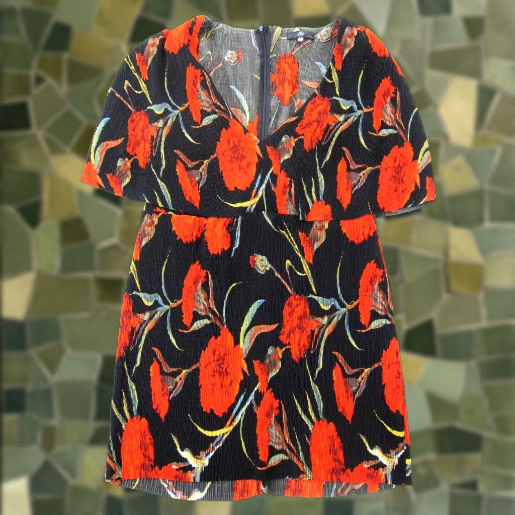 Missguided Missguided Red Black Green Floral Stretch V-Neck Short Sleeve Tunic Dress 12 Size 34" / US 12 / IT 48 - 1 Thumbnail