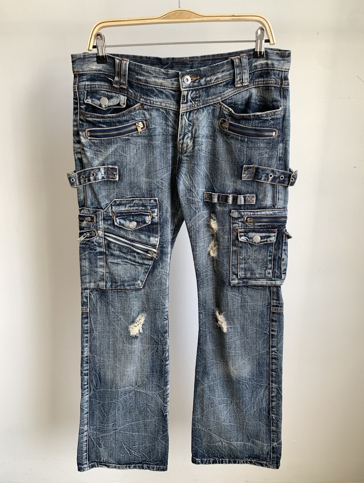 image of If Six Was Nine x Le Grande Bleu L G B Semantic Multi Pockets Tactical Zipper Flared Jeans in Denim