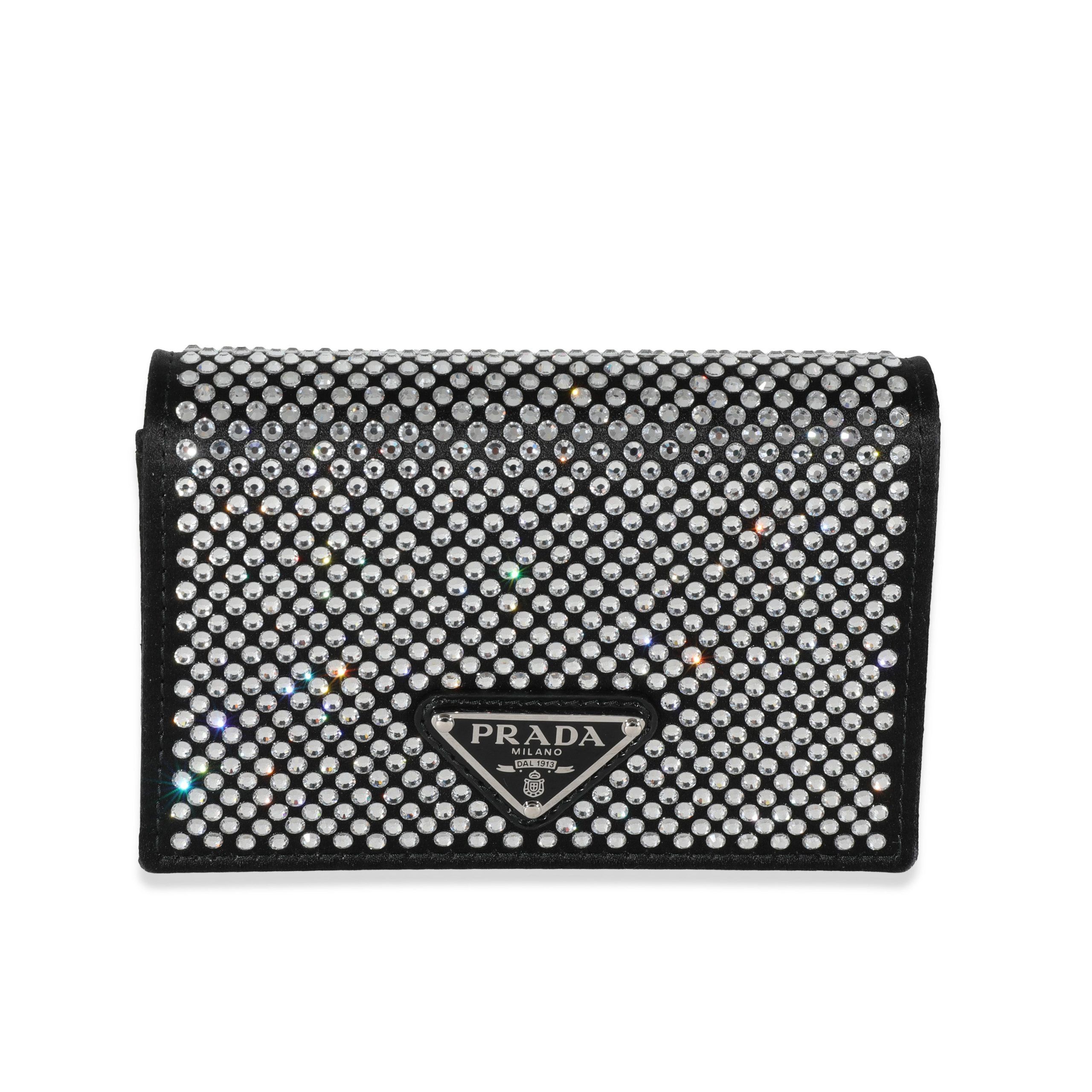 image of Prada Black Satin Crystal Card Holder With Chain, Women's