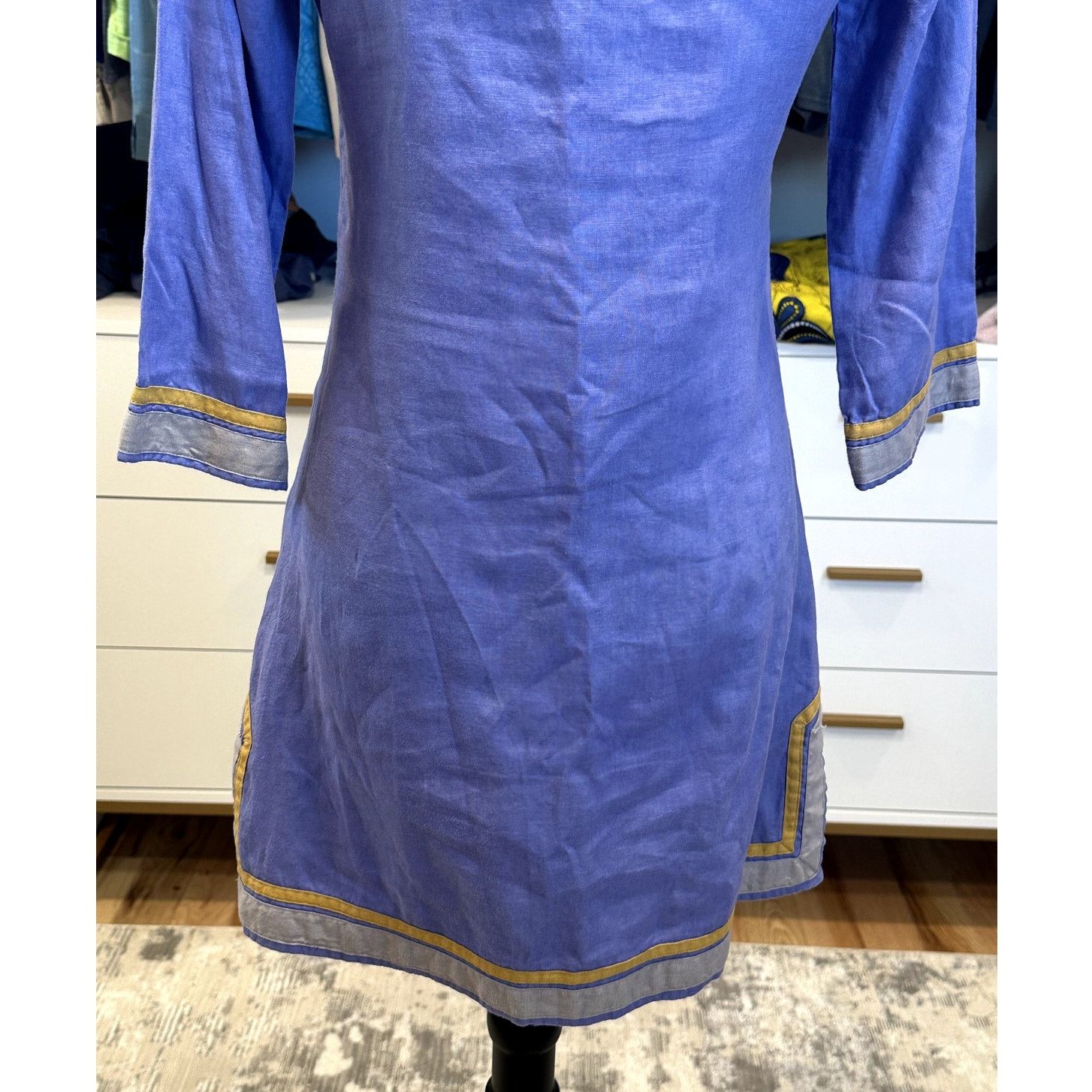 Guru Guru Purple 100% Linen V Neck 3/4 Sleeve Kurta Caftan XS Size XS / US 0-2 / IT 36-38 - 7 Thumbnail