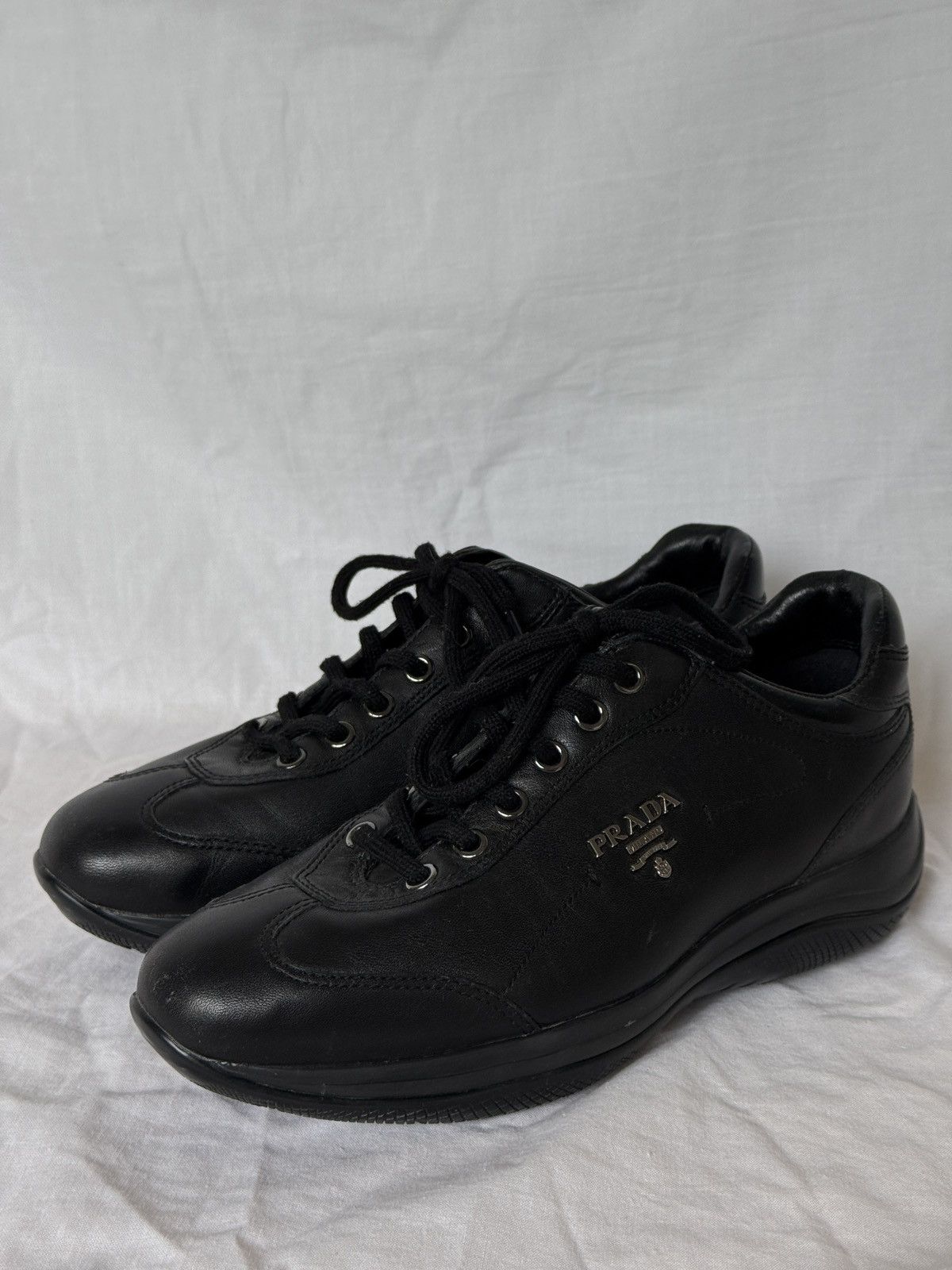 Prada Prada Black Leather Low Top Sneakers Metal Logo Size US 5.5 / IT 35.5 - 1 Thumbnail