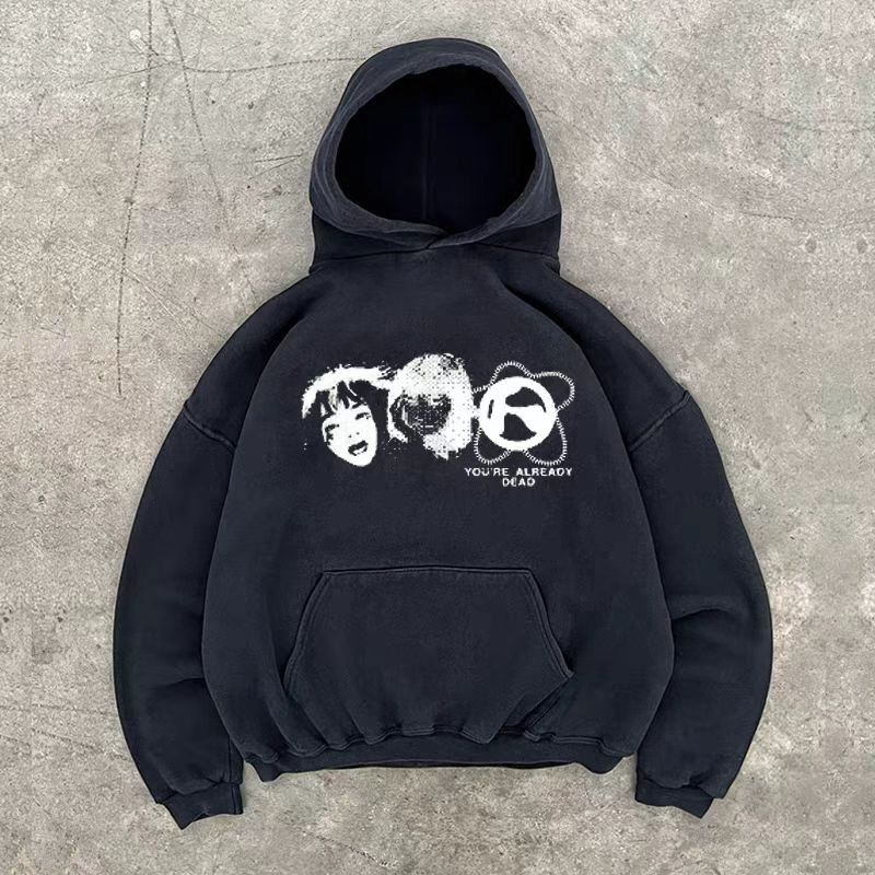 Japanese Brand Black washed retro face print hoodie y2k Size US M / EU 48-50 / 2 - 1 Thumbnail