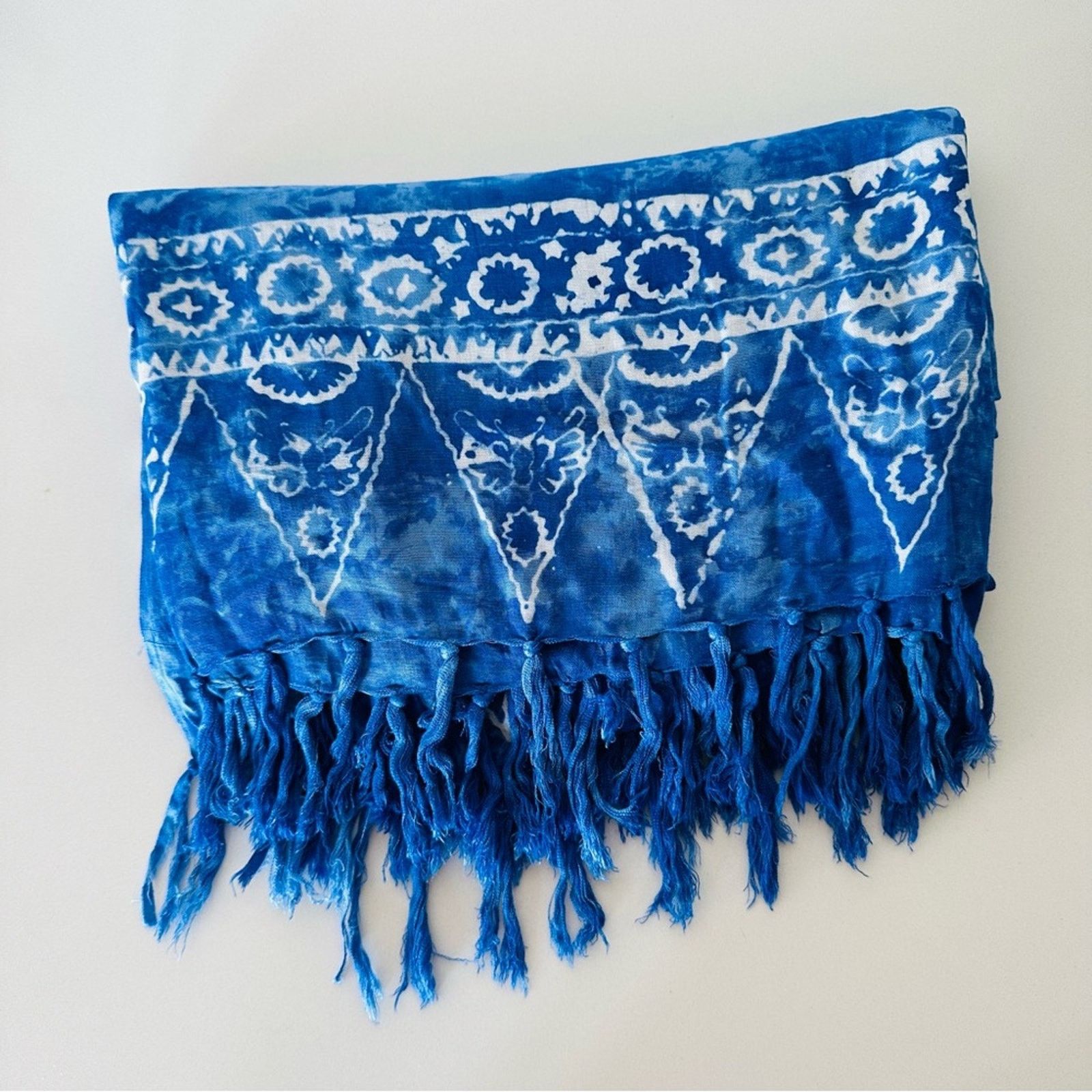Vintage VINTAGE Blue White Floral Tropical Fringe Soft Scarf Wrap Size ONE SIZE - 9 Thumbnail