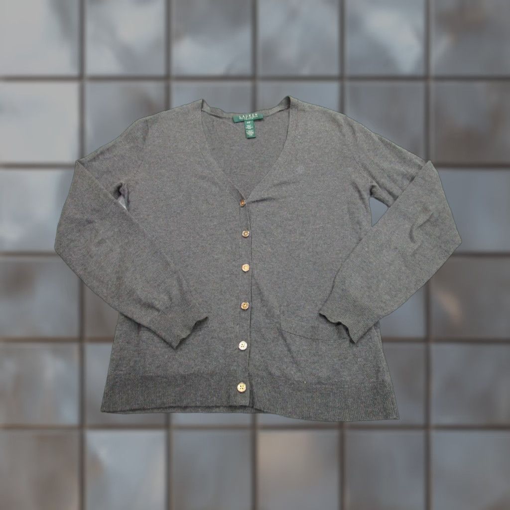Ralph Lauren VINTAGE Lauren Ralph Lauren Cardigan Sweater Womens Petite P Gray V Neck Cashmere y2k academia Size S / US 4 / IT 40 - 1 Thumbnail