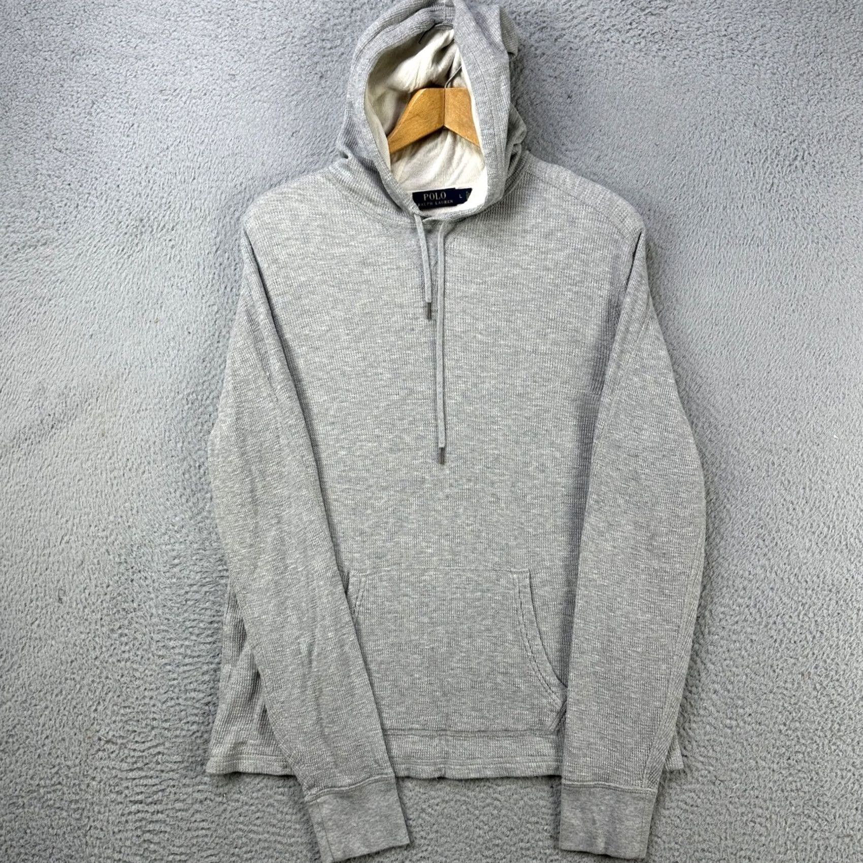 Polo Ralph Lauren VINTAGE Polo Ralph Lauren Hoodie Shirt Mens Large Gray Thermal Pullover 100% Pima Cotton Knit Logo Solid Round Neck Long Sleeve Drawstring Size US L / EU 52-54 / 3 - 2 Thumbnail