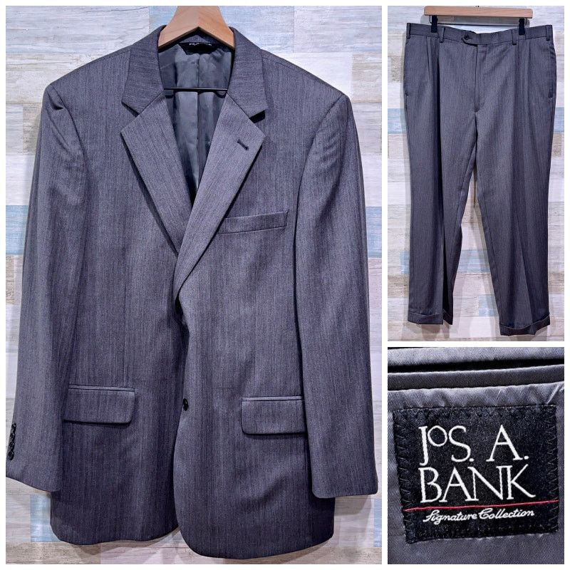 Jos. A. Bank Jos A Bank Wool Herringbone Suit Gray Mens 44R Size 44R - 1 Thumbnail