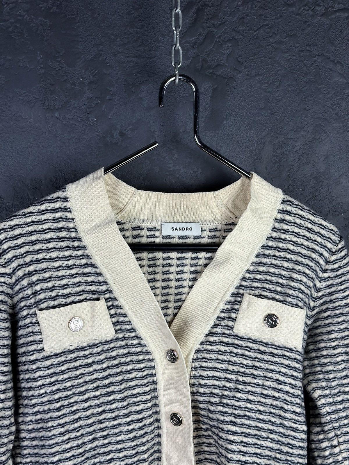 Designer × Sandro SANDRO Striped V-neck Wool Cardigan Size 1 Size S / US 4 / IT 40 - 4 Thumbnail